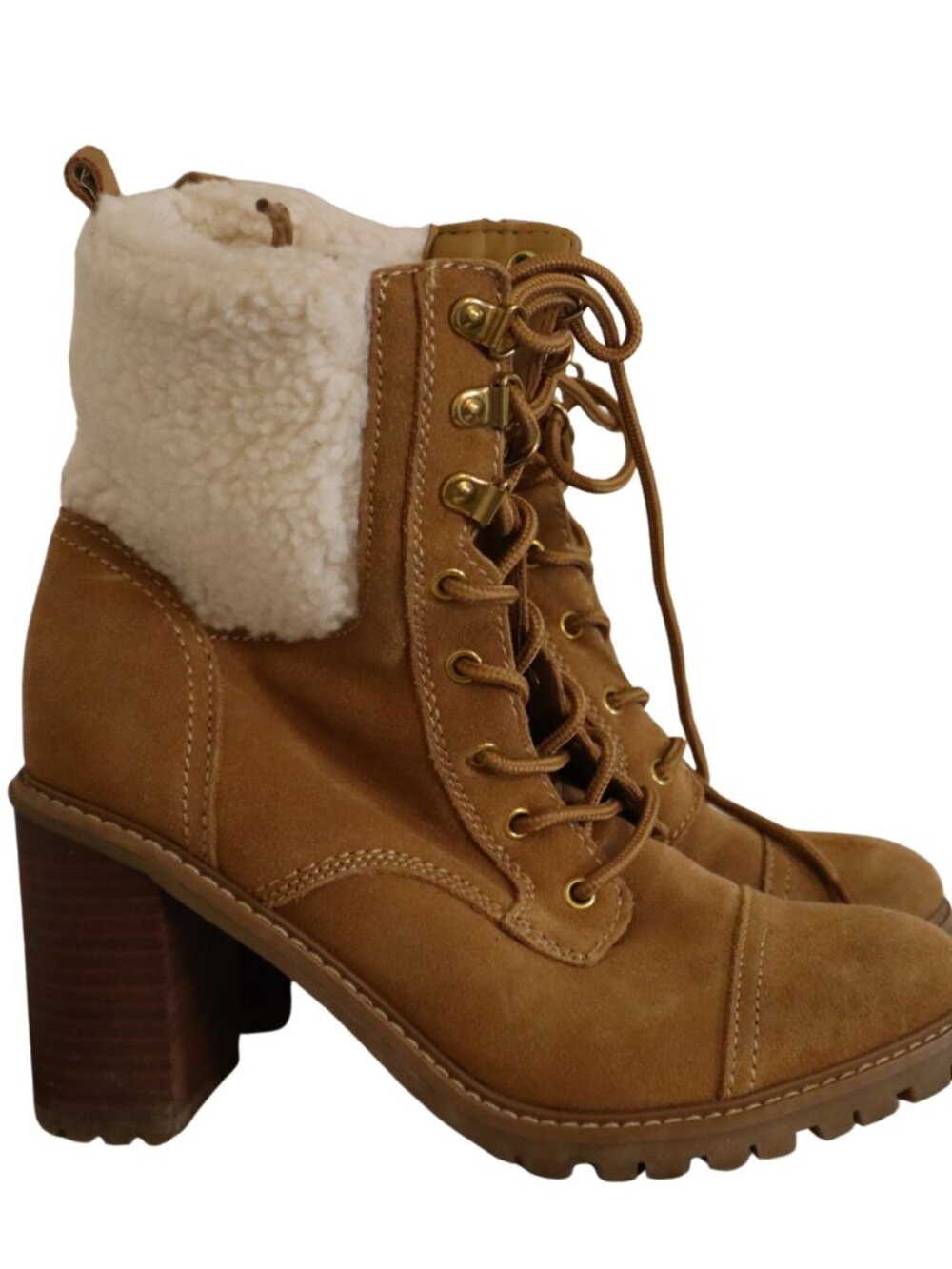 NINE WEST Boots 8 M Phaedra Lace-Up Suede Block High Heel Combat Natural Brown - Picture 6 of 12